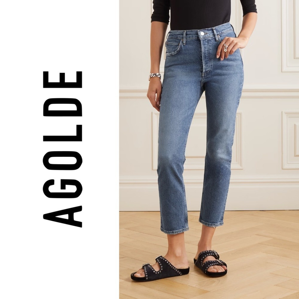 AGOLDE Riley Crop High Rise Straight Leg Jeans Concealed Button Fly Blue Size 26